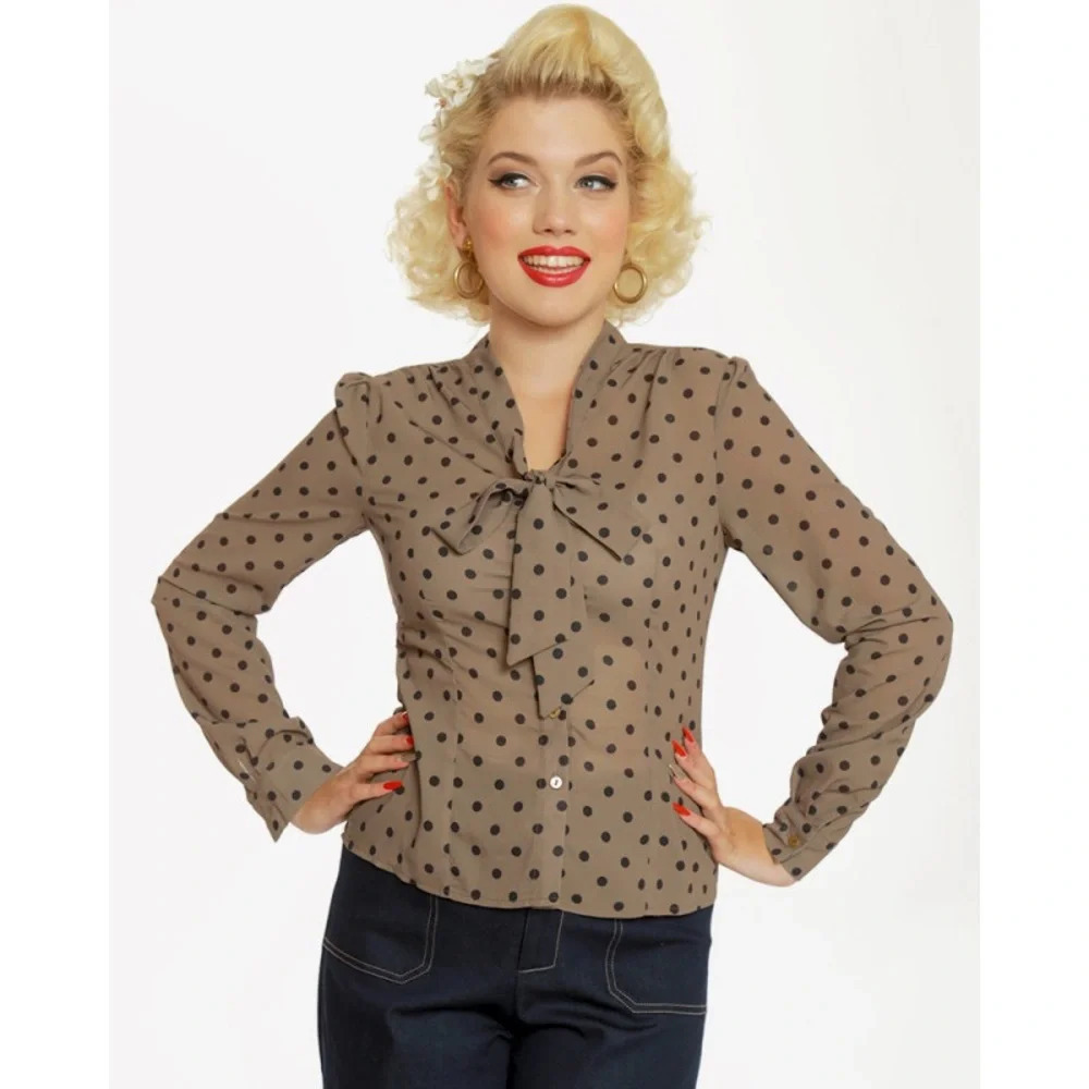 LINDY BOP Fallon Long Sleeve Blouse, Mocha/Black Polka Dot, Size 14 US, EUC